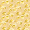 Seamless doodle random pattern with crown elements. Outline ornament with yellow contour on pastel light background Royalty Free Stock Photo