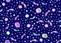 Seamless doodle space fabric textile pattern with doodle planets, stars, galaxies on dark blue background in kids design