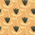 Seamless doodle summer pattern with green flowers silhouettes and yellow twigs. Orange pastel background. Creative design Royalty Free Stock Photo