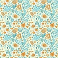 Seamless doodles birds and flowers grunge pattern