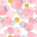 Seamless dotted pattern with pink and golden circles.