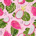 Seamless dragon fruits pattern, watercolor pitaya and monstera leaves background. Hand drawn