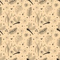 Seamless dragonfly graphic pattern. Dragonflies with flowers, branches and leaves, and cattails. Hand drawn insect