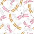 Seamless dragonfly pattern in watercolor pink and golden colors. Royalty Free Stock Photo