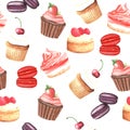 Seamless drawing with watercolor hand-painted sweet and delicious cakes with berries. Hand painted fruit dessert Royalty Free Stock Photo