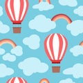 Seamless dreamy sky and air balloon rainbow background pattern in vector