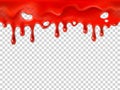 Seamless dripping blood. Halloween red bleed stain, bleeding bloody drips or ketchup drip drop realistic 3D vector
