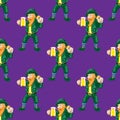 Seamless dwarf pattern with a beer glass and a coin on a purple background. Vector image
