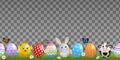 Seamless easter border with colorful eggs on transparent background. Easter banner with funny eggs, flowers, butterflies and grass Royalty Free Stock Photo