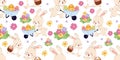 Seamless Easter bunny pattern with rabbits collecting eggs, spring flowers and festive elements. Royalty Free Stock Photo