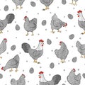 Seamless Easter chicken pattern with hens, roosters and eggs. Royalty Free Stock Photo