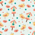 Seamless Easter pattern with a birdhouse, a bird, and a butterfly. In color, cartoon style.