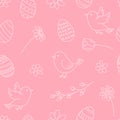 Seamless Easter Pattern with Birds, Eggs and Flowers in Hand Drawn Doodle Style Royalty Free Stock Photo