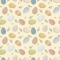 Seamless Easter pattern with colorful painted eggs, spring leaves and yellow flowers on cream background Royalty Free Stock Photo