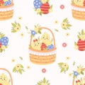 Seamless Easter pattern. Cute pair boy and girl chicks in Easter basket with eggs and flowers on white background Royalty Free Stock Photo