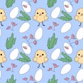 Seamless Easter pattern with eegs, chicken, pink flowers and green leaves on blue background