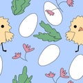 Seamless Easter pattern with eegs, chicken, pink flowers and green leaves on blue background