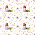 Seamless easter pattern with egg in stand, mimosa flower branch, blossom tree flowers and petal for textile, decor, packing