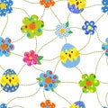 Seamless easter pattern with patchwork hens and chickens in an egg in patchwork style