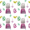 Seamless Easter pattern. Watercolour spring art. Design elements. Easter cute bunny, bird, eggs, heart and leaves.Watercolor Royalty Free Stock Photo