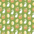 Seamless Easter pattern with white rabbits, decorative painted eggs, Easter baskets. Pattern on a green background for printing.