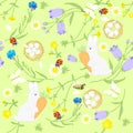 Seamless Easter wildflowers pattern, butterflies, rabbit with egg, nests. vector illustration