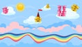 Seamless editable celestial cloudscape with colorful castles and rainbow for game design