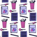 Seamless education-themed pattern featuring glasses, notebooks, and pens with pencils. Perfect for educational materials