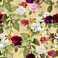Seamless Elegance Pattern with Vintage Garden Flowers on Yellow Background. Royalty Free Stock Photo