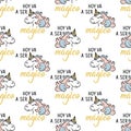 Seamless elegant pattern with Spanish lettering and unicorns. Today is going to be magical - in Spanish. Hoy va a ser magico.