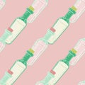 Seamless elixir pattern with white and green bottles. Pink pastel background. Withcraft print.