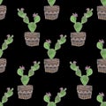Seamless embroidery cross stitch cactuses pattern on black