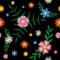 Seamless embroidery pattern with flowers and leaves on black background. Vector design Royalty Free Stock Photo