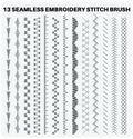 Seamless embroidery sewing stitch brush vector illustrator set, different types of machine stitch brush pattern for fasteners,