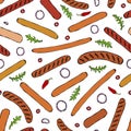 Seamless Endless Background Pattern of Different Sausages, Onion Rings, Rocket Leaves Herb, Pepper. Food Collection. Realistic Han