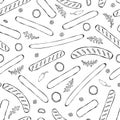 Seamless Endless Background Pattern of Different Sausages, Onion Rings, Rocket Leaves Herb, Pepper. Food Collection. Realistic Han