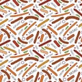 Seamless Endless Background Pattern of Different Sausages, Onion Rings, Rocket Leaves Herb, Pepper and Lettering. Food Collection.