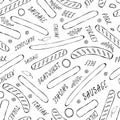 Seamless Endless Background Pattern of Different Sausages, Onion Rings, Rocket Leaves Herb, Pepper and Lettering. Food Collection.