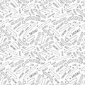 Seamless Endless Background Pattern of Different Sausages, Onion Rings, Rocket Leaves Herb, Pepper and Lettering. Food Collection.