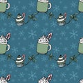 Seamless endless Christmas and Happy New Year pattern with cakes, candy canes and ribbons on blue background Royalty Free Stock Photo