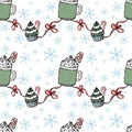 Seamless endless Christmas and Happy New Year pattern with cakes, candy canes and ribbons on white background Royalty Free Stock Photo