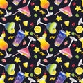 Seamless endless pattern. Beach tropical alcohol cocktail, fruit: pineapple carambola strawberry mint lemon. Hand drawn