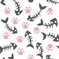 Seamless, endless pattern with cat s paw and fish bone on a dark background, vector illustration with pattern with cats paw prints Royalty Free Stock Photo