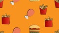 Seamless endless pattern of different delicious hearty hot fries, hamburgers, fast food chicken legs on an orange background.