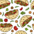 Seamless Endless Pattern with Falafel Pita or Meatball Salad in Pocket Bread. Arabic Israel Healthy Fast Food Bakery