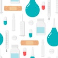 Seamless endless pattern with icons for medicine and health on turquoise background. Colorful medic icons - syringe, bottle, Royalty Free Stock Photo