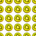 Seamless endless pattern of juicy green slices of kiwi fruit isolated on white background. Design for wrapping paper Royalty Free Stock Photo