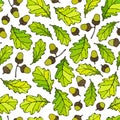 Seamless Endless Pattern of Oak Leaves and Acorns. Green and Yellow. Autumn or Fall Harvest Collection. Realistic Hand Drawn High