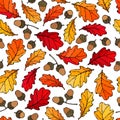 Seamless Endless Pattern of Oak Leaves and Acorns. Red, Orange and Yellow. Autumn or Fall Harvest Collection. Realistic Hand Drawn Royalty Free Stock Photo