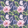 Seamless endless pattern pink magnolia, blue berries, green leaves foliage, butterfly. Hand drawn watercolor